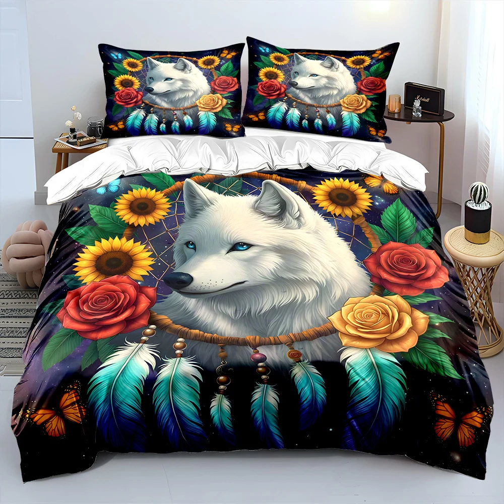 The White Wolf and the Dreamcatcher Print Bedding Set 1 Duvet Cover 2 Pillowcases for Adult and Children Luxury Gift Full Size