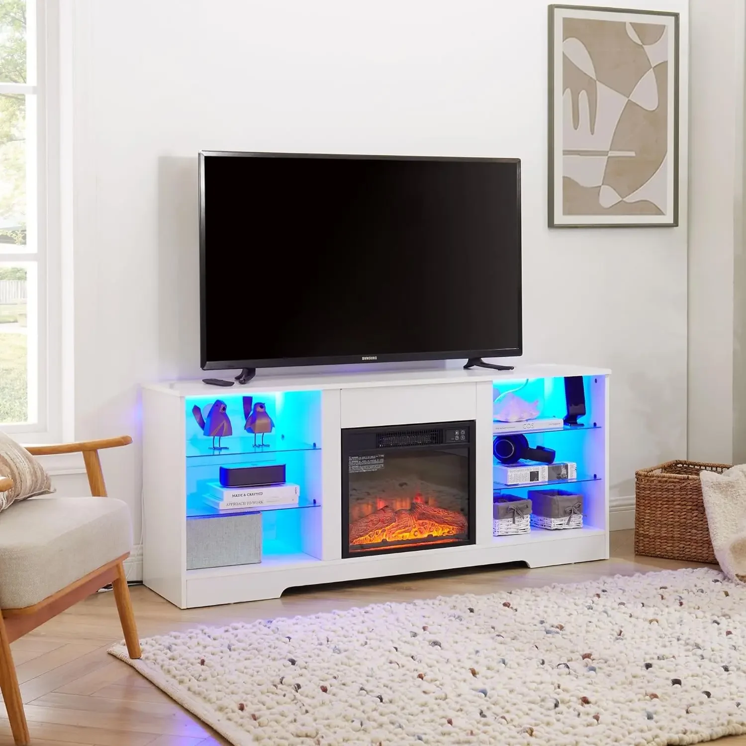 Modern White/Black TV Stand with Glass Shelves, 3D Fireplace, LED Lights, USB Charging Outlet, Fits TVs up to 32-65 Inches