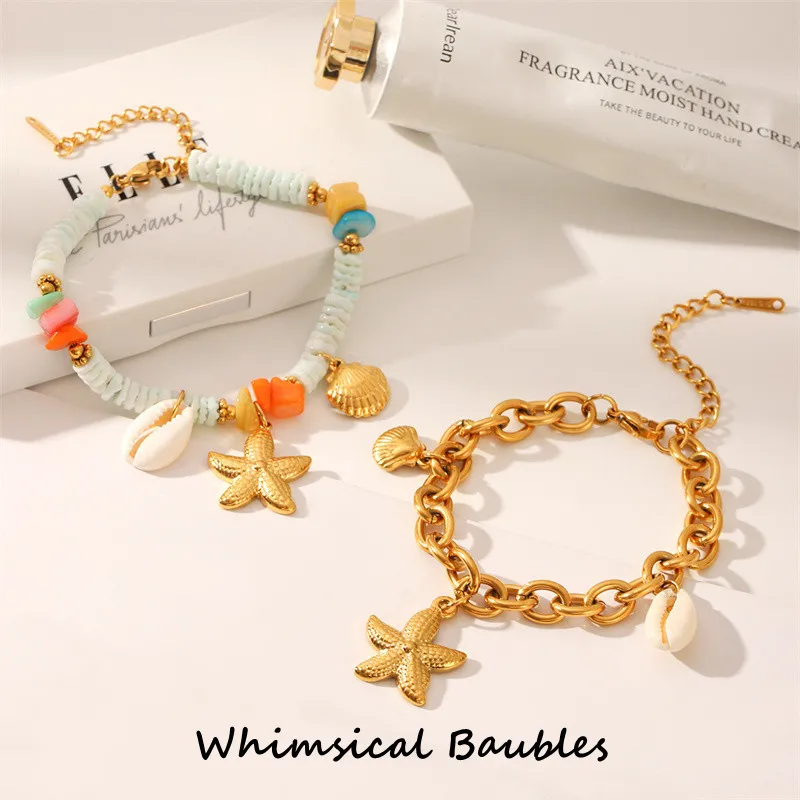 

Stainless Steel 18K Gold PVD Plated Metal Chain Bracelet Waterproof Ocean Pendant Charm Starfish Shell Bracelet