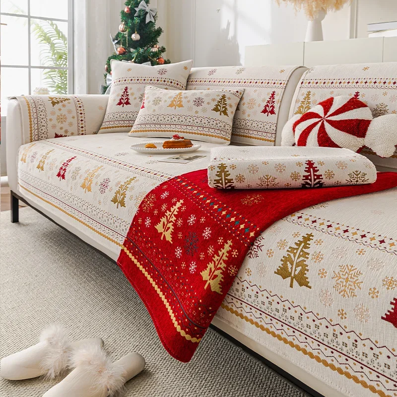 Christmas Tree Chenille Sofa Cushion Four-Season Universal Anti-Slip Nordic Light Luxury Style Sofa Seat Covers Cloth Decor Home
