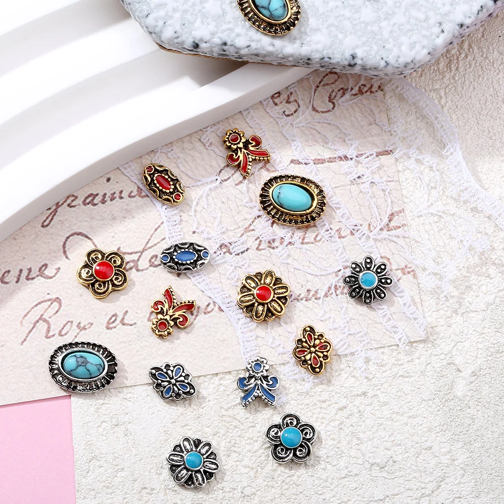 Vintage Bohemian Alloy Press Ons Nails Charms 3D Ethnic Enamel Drops Accessories For Wedding/Party DIY Nail Design Art Wholesale