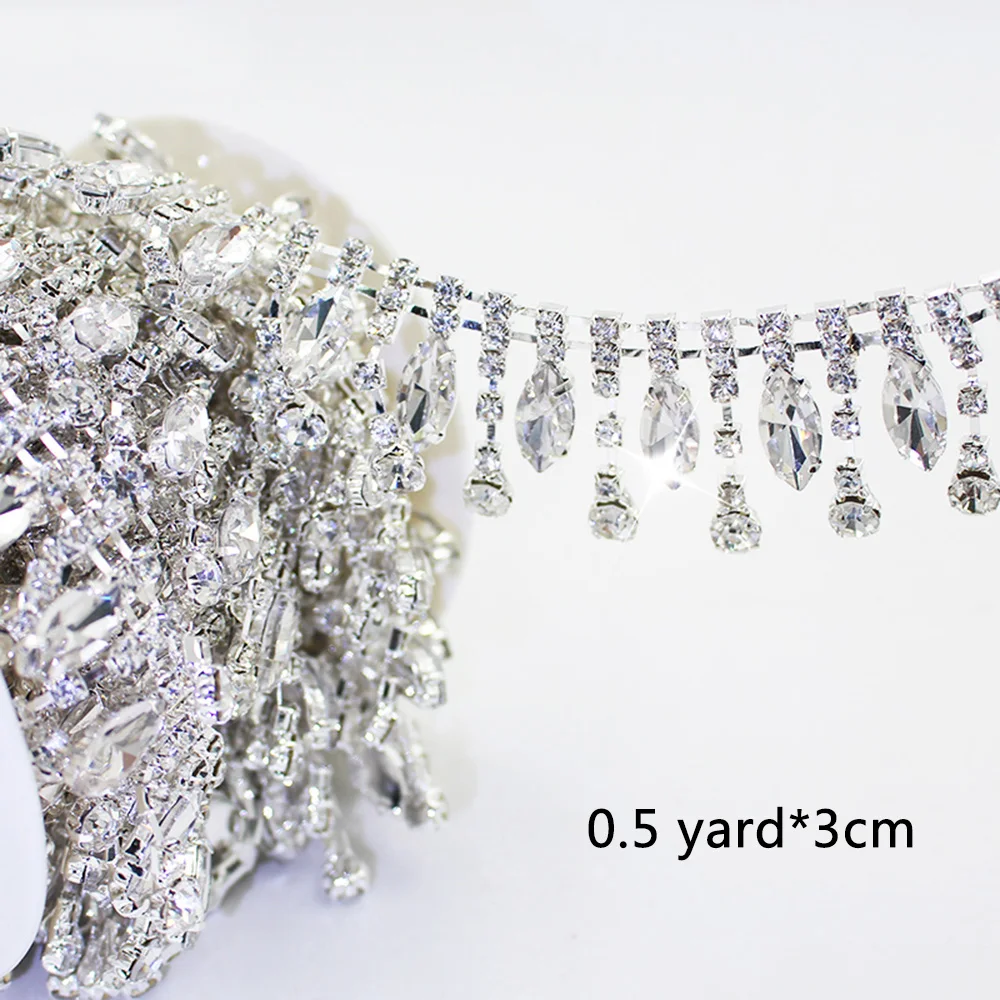 0.5/1yard Rhinestone Tassel Lace, European and n style horse eye code chain lace Welding Rhinestone Claw chain edge Hand DIY