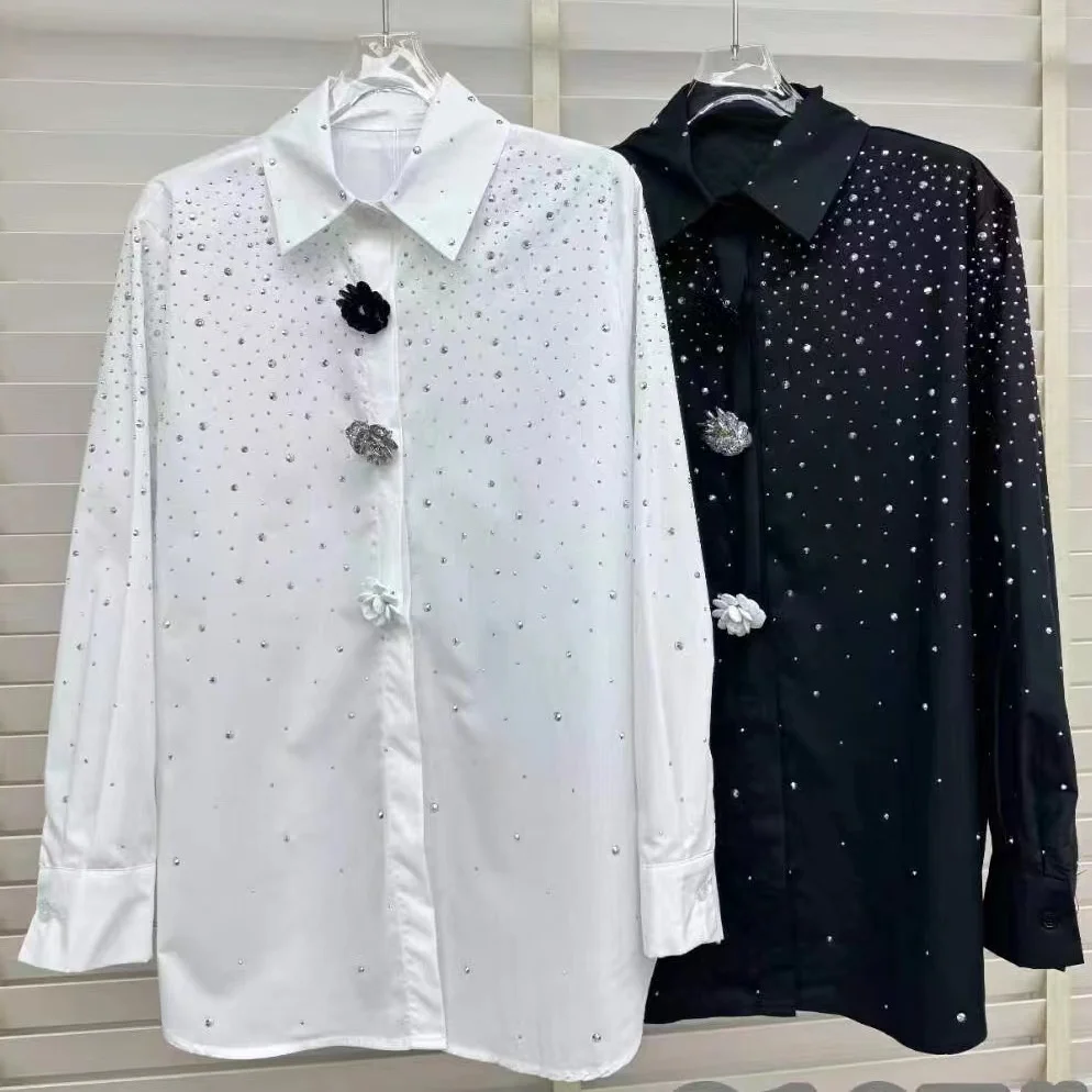 New In Hot Drilling Diamonds Black White Shirts For Women Fashion Long Sleeve Buttons Up Blouse Tops Blusas