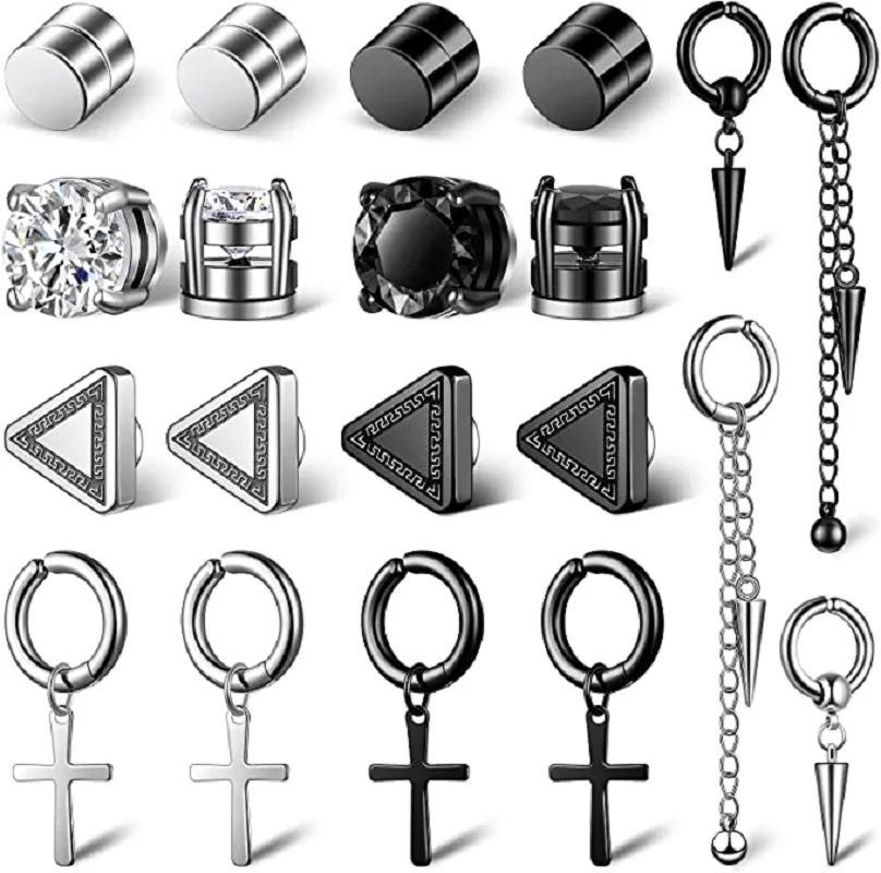 10 Pairs Stainless Steel Non-Piercing Magnetic Stud Earrings Unisex CZ Magnet Ear Clip Women And Men Punk Hip Hop Earring Set