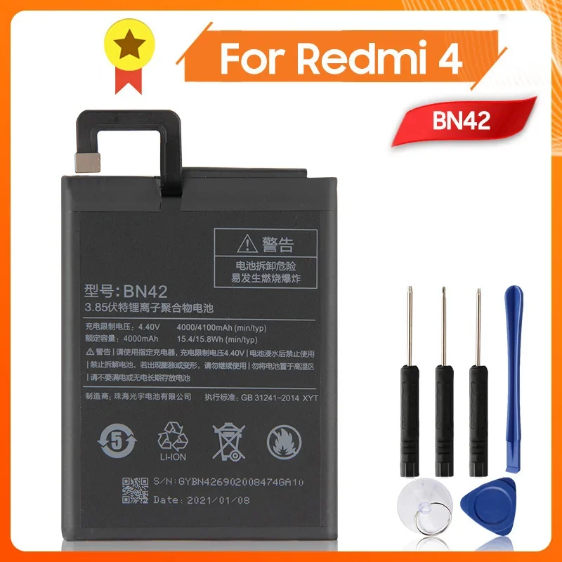 

Phone Replacement Battery BN42 for Xiaomi Redmi 4 Hongmi4 Redrice 4 Standard Version Phone Battery 4000mAh + Tool