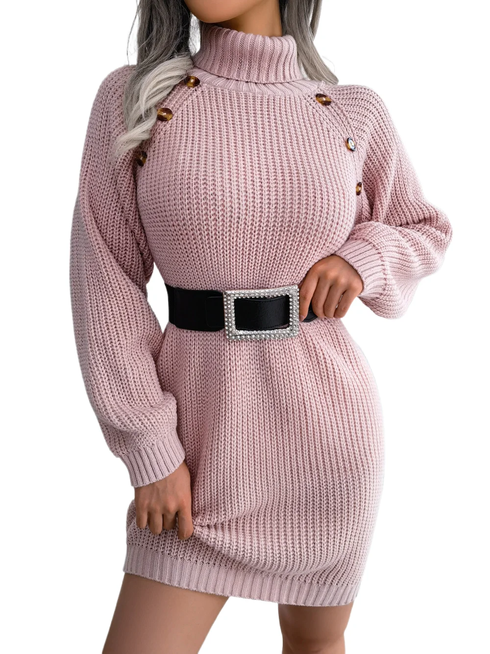 فستان محبوك غير رسمي موضة بلون سادة وياقة عالية وزر وأكمام طويلة فستان سترة للخريف ملابس نسائية أنيقة