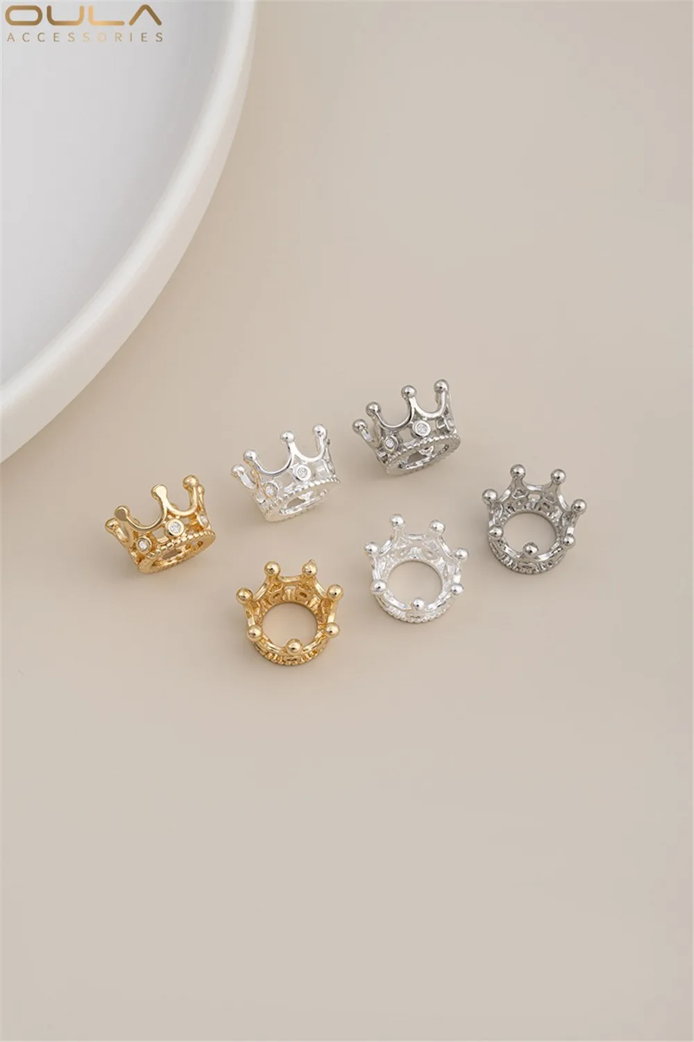 14K Gold-plated Zircon Crown with Interlocking Beads and Bright Silver Beaded Ring, Diy Handcrafted Beaded Bracelet Accessory