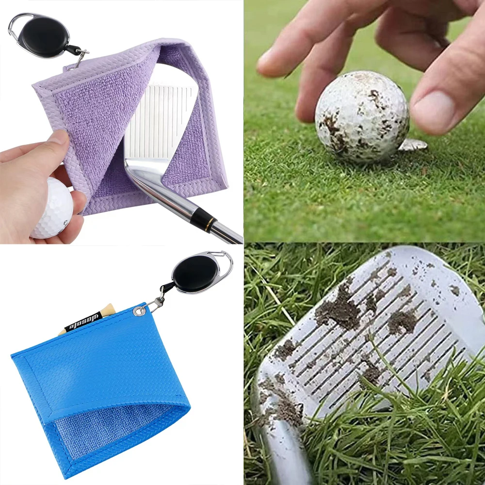 PU Golf Ball Cleaning Towels Golf Club Head Wiping Cloth Hiking Buckle Retractable Portable Golf Club Cleaner 12x12cm