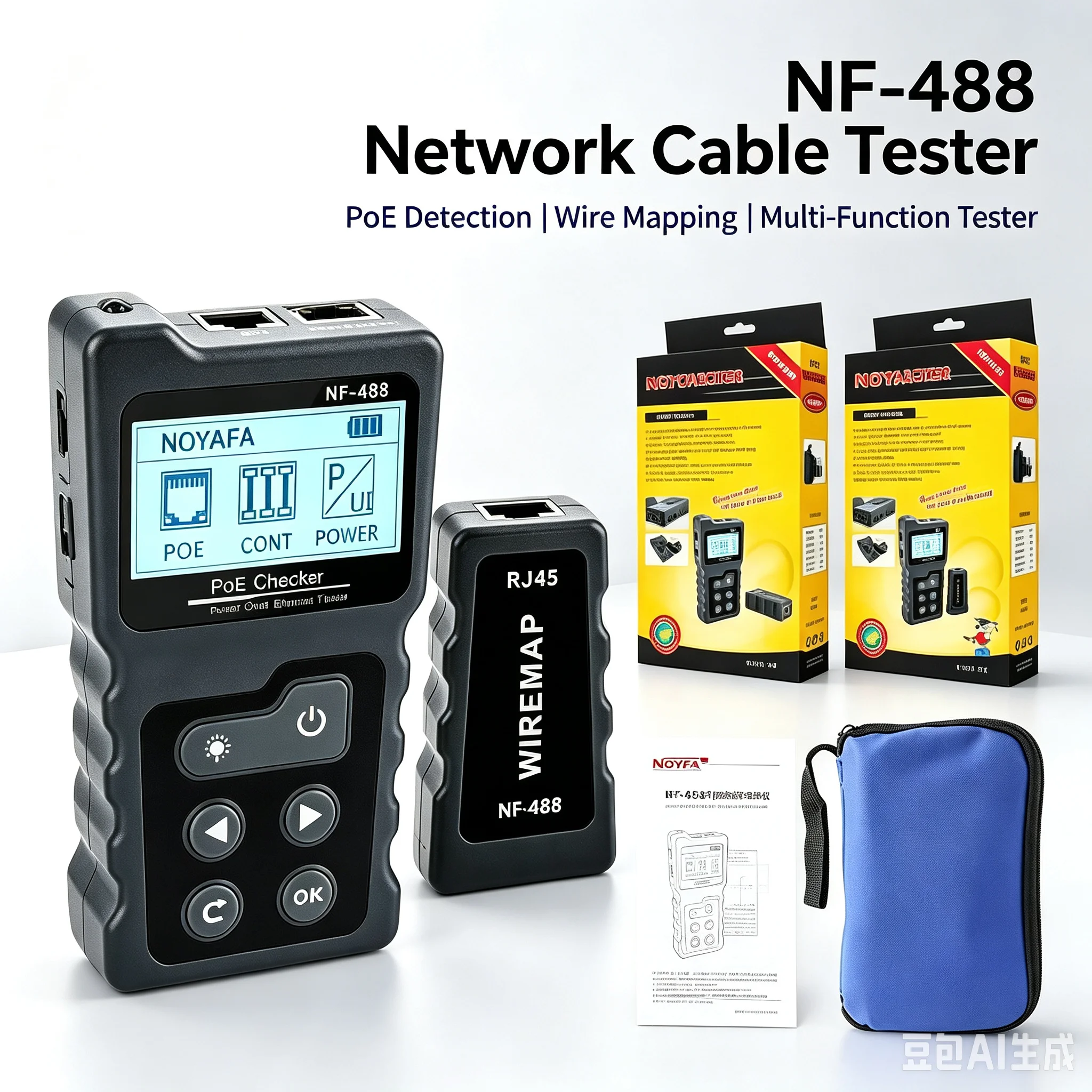 English Version of NF-488, Cable Tracer, POE Network Cable Tester, Ethernet Cable Testing Tool, Cable Scanning, Wire Sequence De