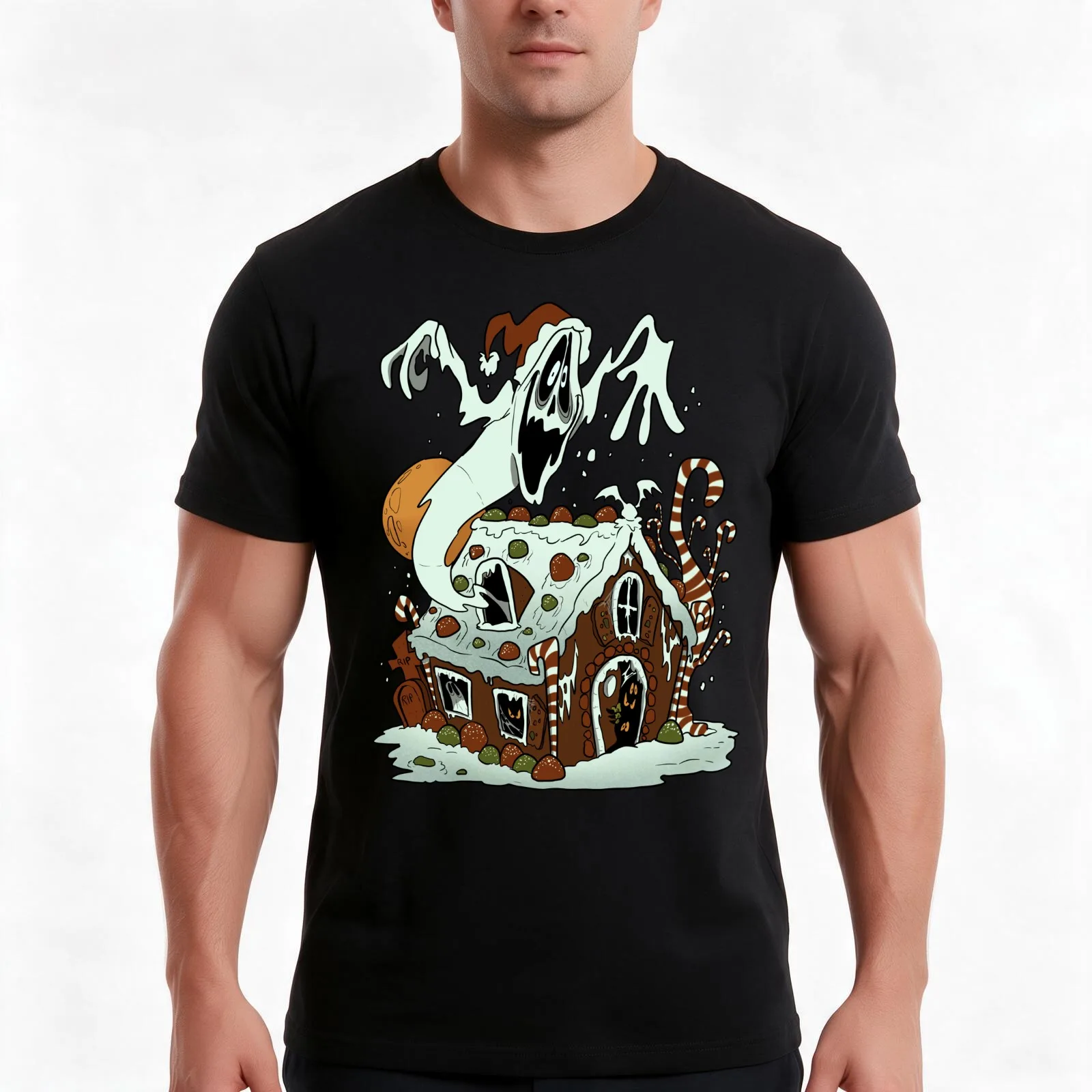 Haunted Gingerbread House T-Shirt, Summer Casual Cotton Tee, Oversized Streetwear Tops, Vintage Graphic Print, Unisex Men Women