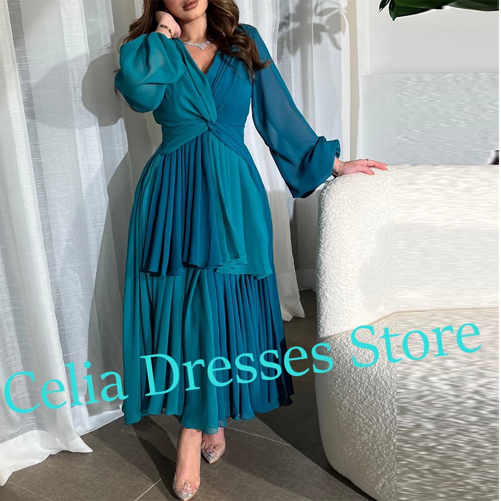 Elegante abito da sera dritto Color foto pieghe lunghezza caviglia V-Ncek Chiffon maniche lunghe Robe de soirée taglia personalizzata per le donne