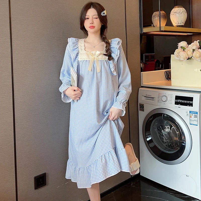 Mid-Length Nightdress for Women, Cotton Pajamas for Girls, Long Sleeve Homewear, Sweet Ins Sle, Chubby Girl, Plus Size kg