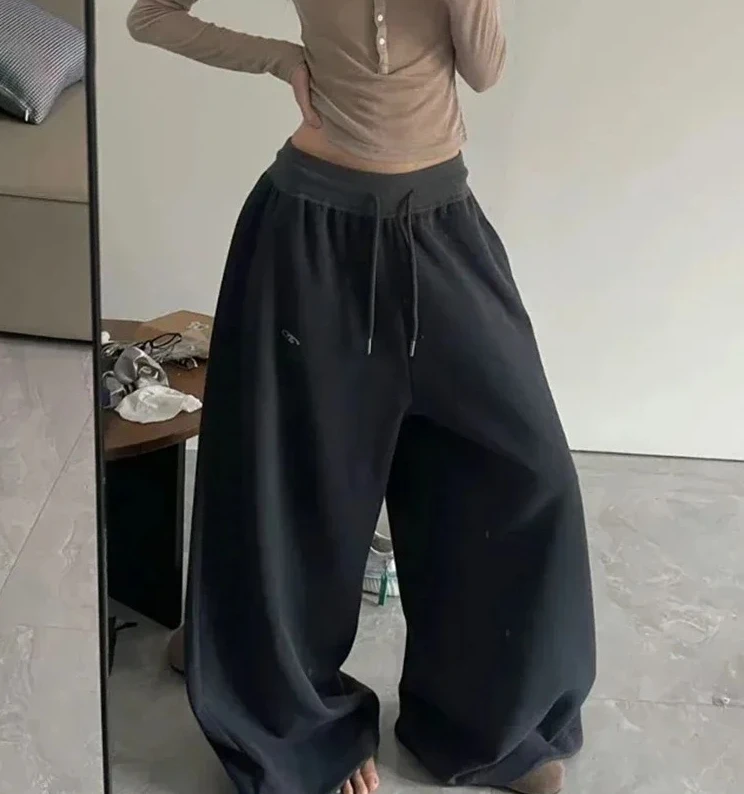 Y2K خمر فضفاض Sweatpants النساء الخريف جديد الكورية فضفاض بنطال ذو قصة أرجل واسعة الشارع الشهير عادية سستة يطير الإناث السراويل