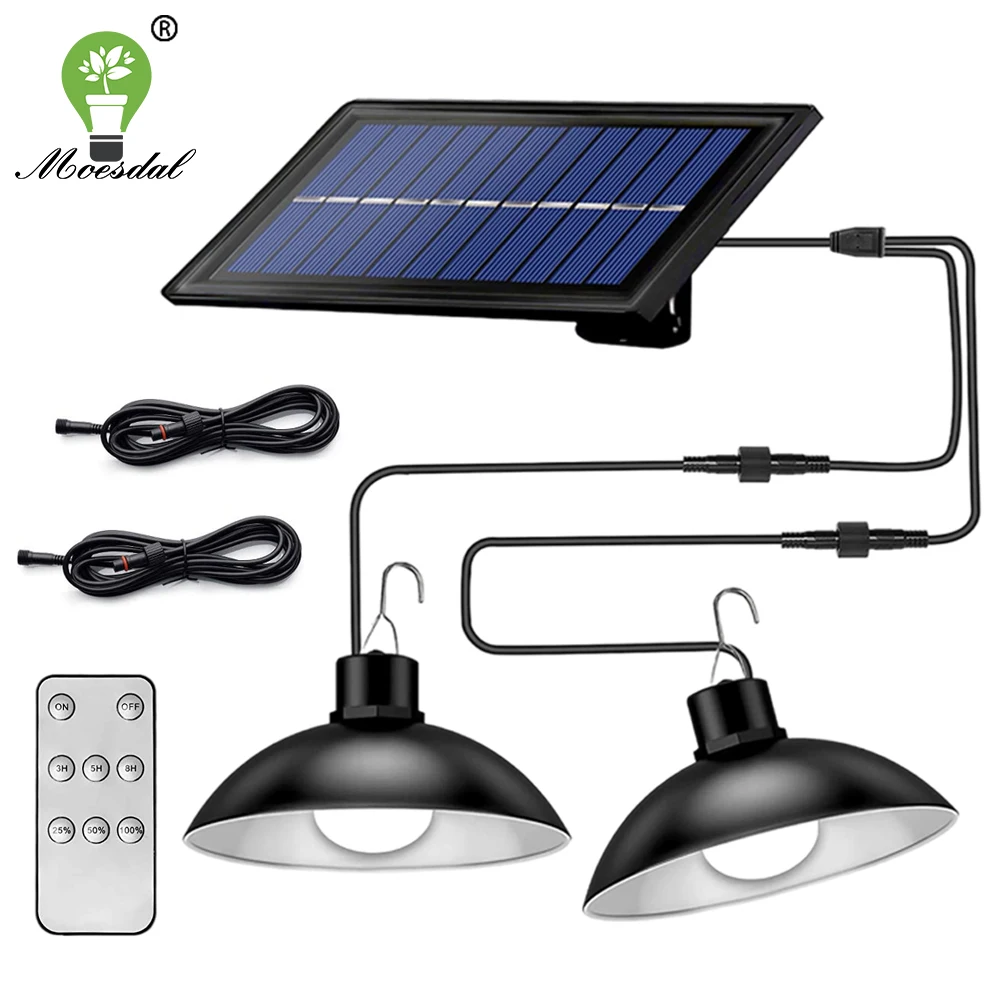 

Solar Pendant Lights Outdoor Indoor Dimmable IP65 Waterproof Dual Head Solar Shed Light with 3M Cord and Remote Controller