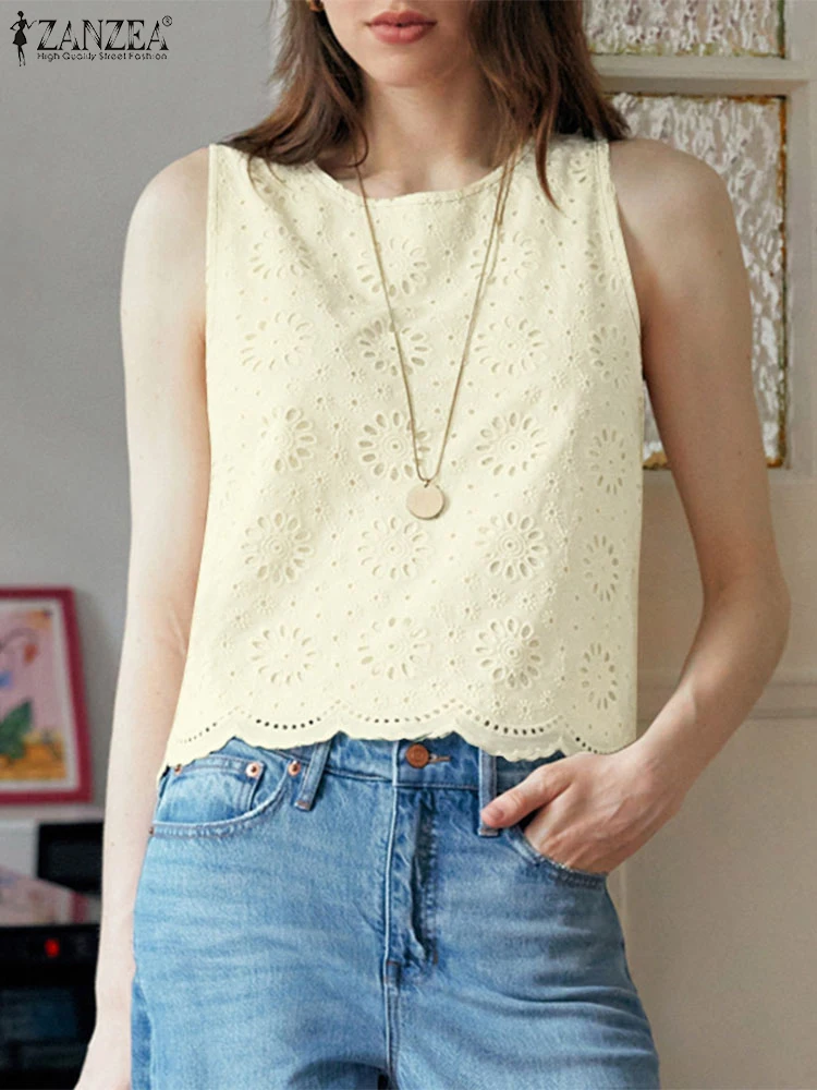 

ZANZEA Woman Fashion Openwork Lace Tank Tops Bohemian Patchwork O-Neck Sleeveless T-Shirts 2025 Summer Day Wear Solid Camis