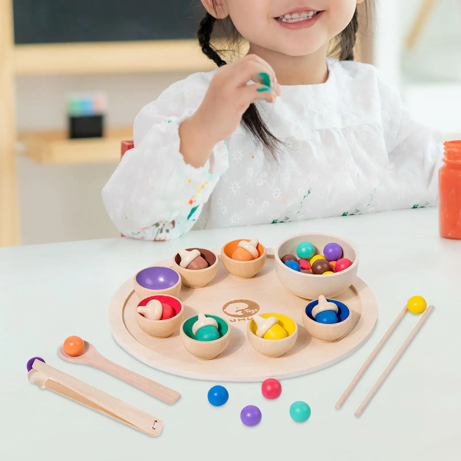 Wood Clip Beads Matching and Counting Board Game Fine Motor Wooden Rainbow Toys