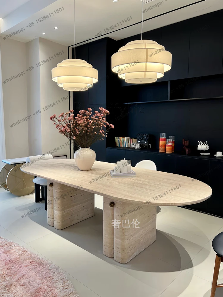 

Vintage Silent Style Natural Travertine Dining Table Medieval Italian Minimalist Natural Marble Oval Dining Table
