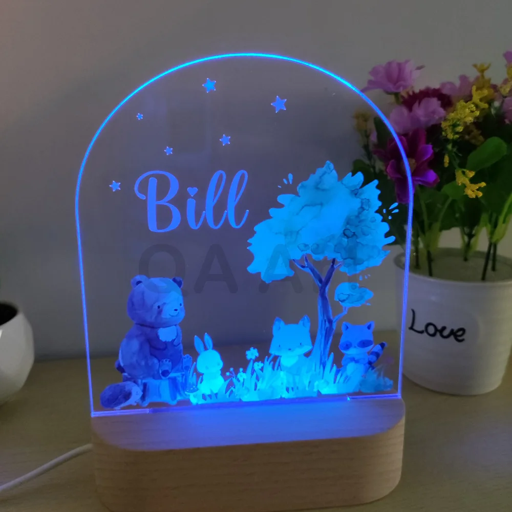 Personalizowana lampka nocna dla dzieci z motywem zwierząt, akrylowa lampka nocna z własnym imieniem, dekoracja do pokoju dziecięcego, prezent na urodziny, Boże Narodzenie dla noworodka