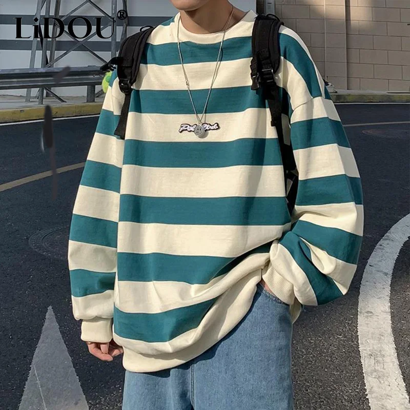 Spring Autumn Korean Fashion Striped Hip Hop Sweatshirt Man Casual Long Sleeve Tops Pullover Ropa Hombre Streetwear Male Clothes