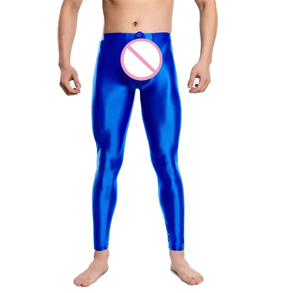 

Men Solid Color Leggings Long Bulge Pouch Pantyhose Erotic Gay Oil Shiny Long Johns Stretch Sexy Tights Smooth Sheer Sleep Pants
