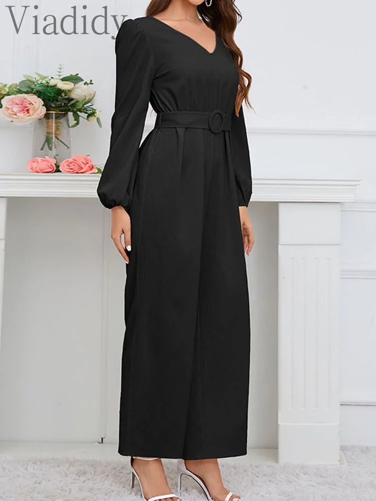 Office Lady Solid Color V-Neck Long Sleeve Straight Jumpsuit With Belt