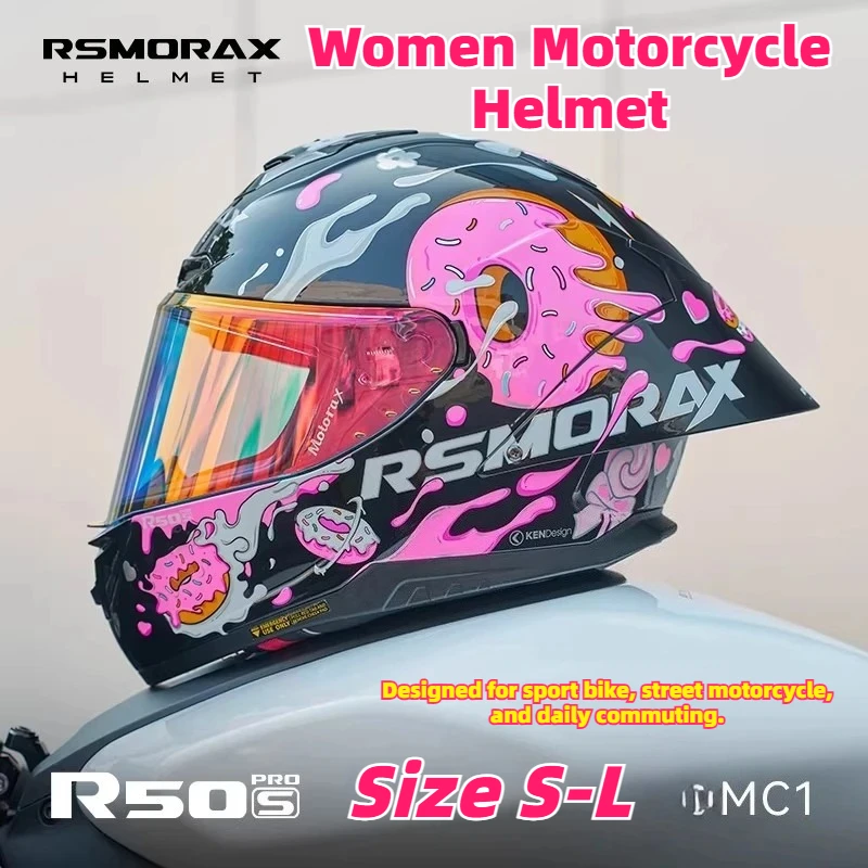 RSMORAX R50S Pro Women Motorcycle Helmet Large Spoiler Pink Donut Design Sport Bike Helmet Size S-L