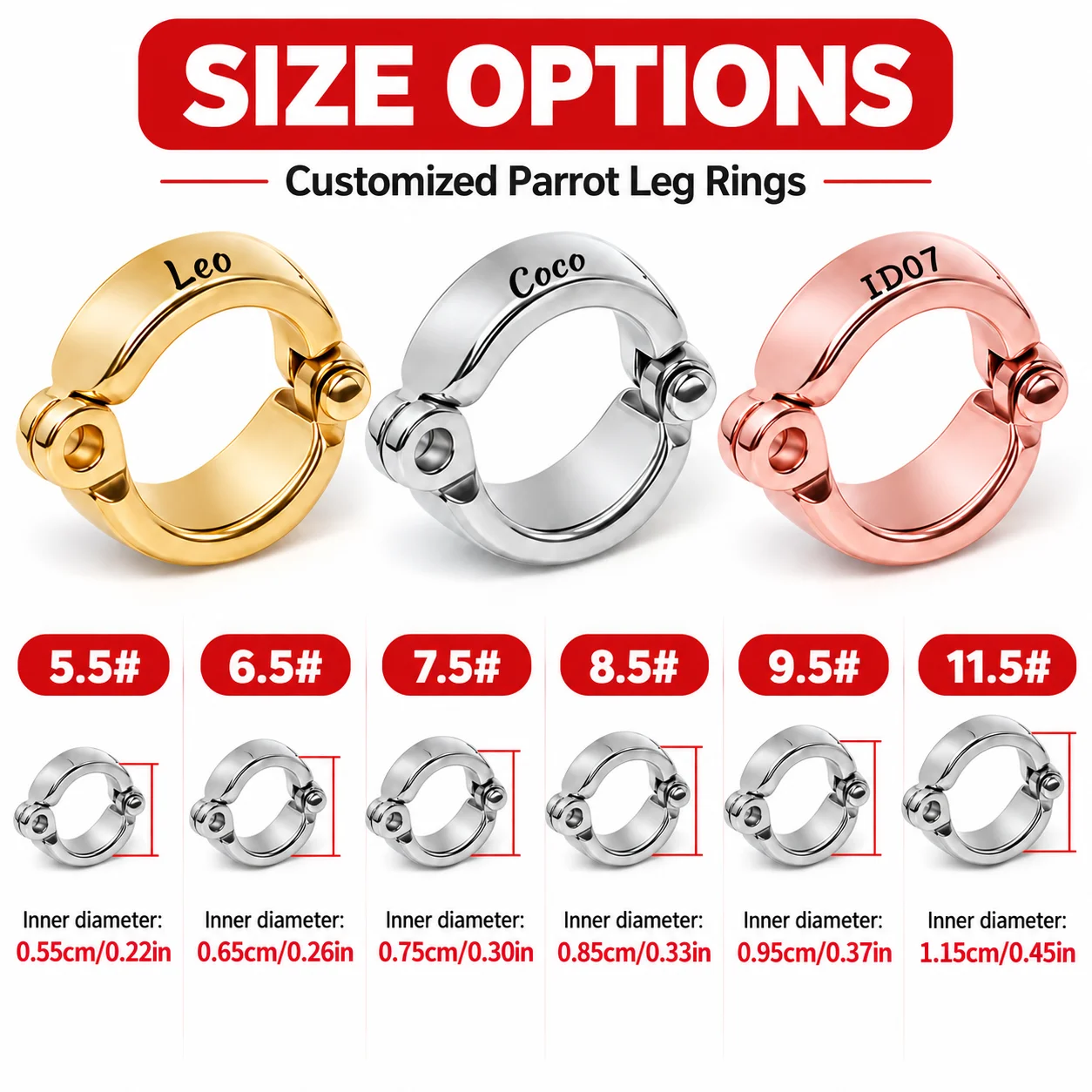 3Pcs Customizable Bird Foot Rings with Name or Serial Number, Suitable for Training Small, Medium, and Large Birds, Available in Gold, Silver, and Rose Gold, 3-Piece Set, Bird Training Tools, Bird Behavior Adjustment Supplies, Durable Structure, Secure Fit Rings, Reinforced Rings, for Pet Bird Enthusiasts