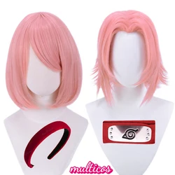 Peluca de Cosplay de Sakura Haruno de alta calidad, pelo sintético corto Rosa resistente al calor, pelucas de Anime + gorro de peluca