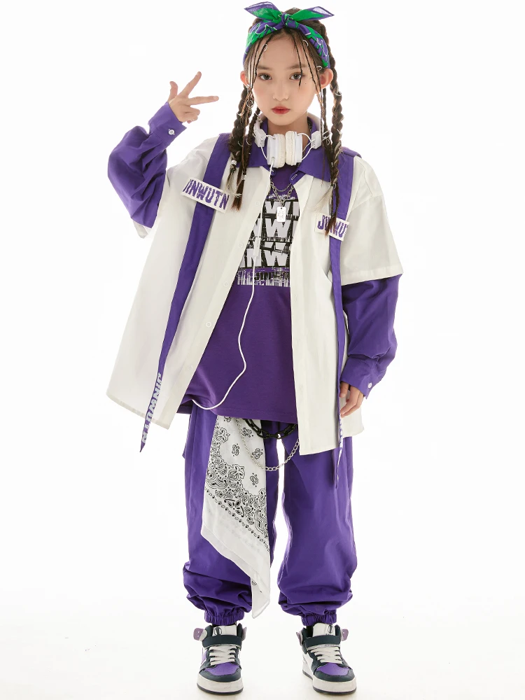 Jazz Dance Clothes Girls Hip Hop Costume Loose Coat Purple Pants Boys Breaking Street Dance Outfit Long Sleeves Suit