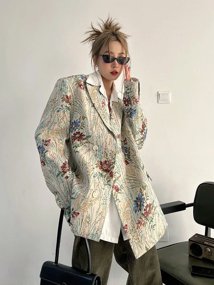 Women Blazer Color Matching Printin Loose Women Blazers And Jackets Vintage Leisure Long Oversized Suit Coats Women 2023