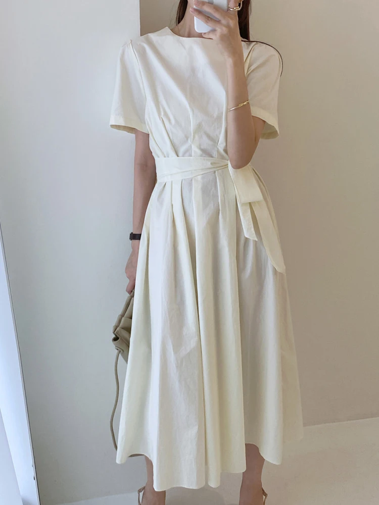 

Chic Summer Tea Break White Long Dr Women's Waist-Cinching Gored Skirt Korean Sle ort Sve round Ne A-line Dr