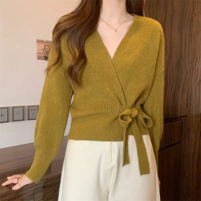 Cross shaped irregular strap waist slimming sweater cardigan women in autumn and winter chic lantern sleeve loose knit sweater