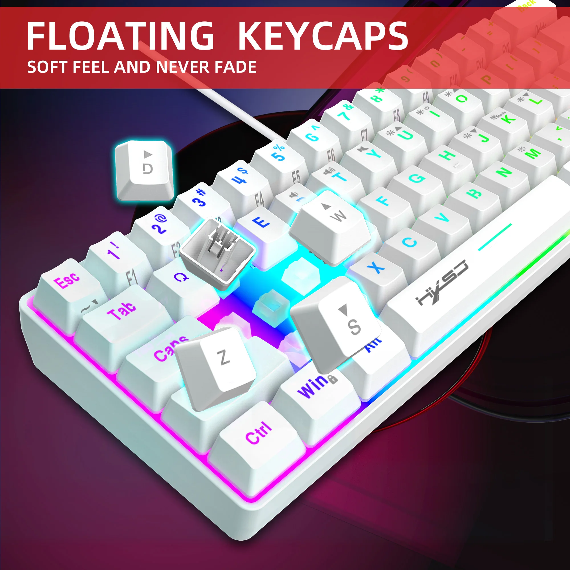 Imagem -05 - Hxsj-rgb Teclado Retroiluminado com Fio Mini Gaming Teclado Ultra-compacto Impermeável Pequeno Compacto 61 Teclas pc Mac Hxsj 60