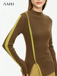 AMII Minimalism 2023 Autumn Sweaters For Women New Office Lady Mock Neck Spliced Asymmetrical Female Slim Fit Blouses 72323007