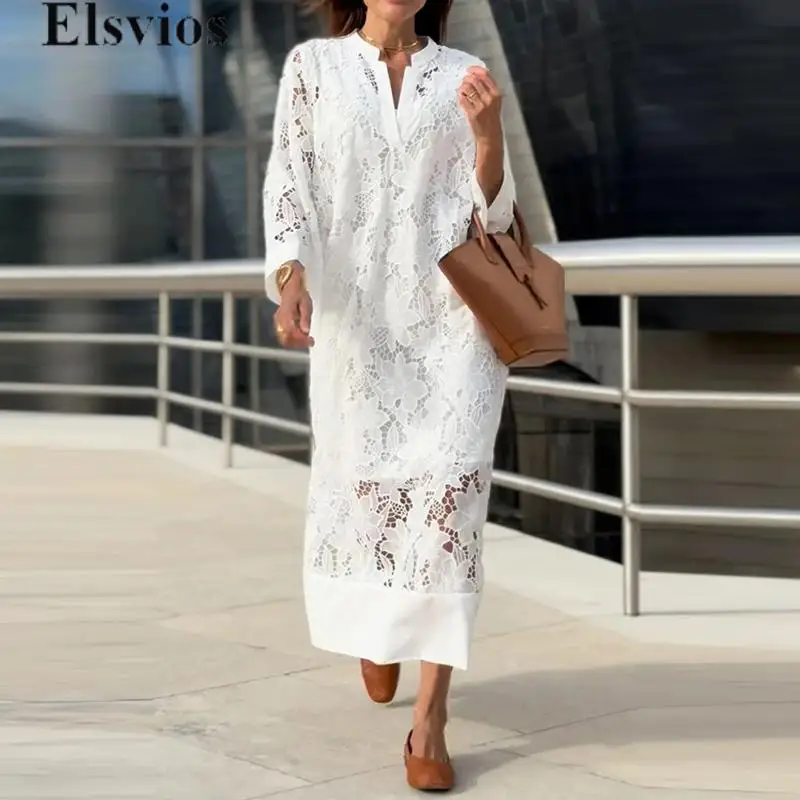 

Embroidery Long Sleeved Women Long Dress Summer Casual Solid Color Party Dress Ladies V Neck Lace Patchwork Commuter Dress