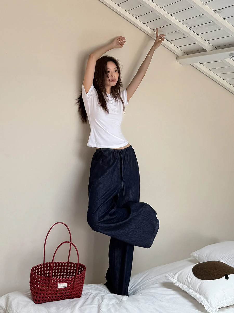 

Модные женские джинсы из денима с завязками, летние, свободного кроя, в пол, прямые, оригинального синего цвета, повседневные, широкие штанины