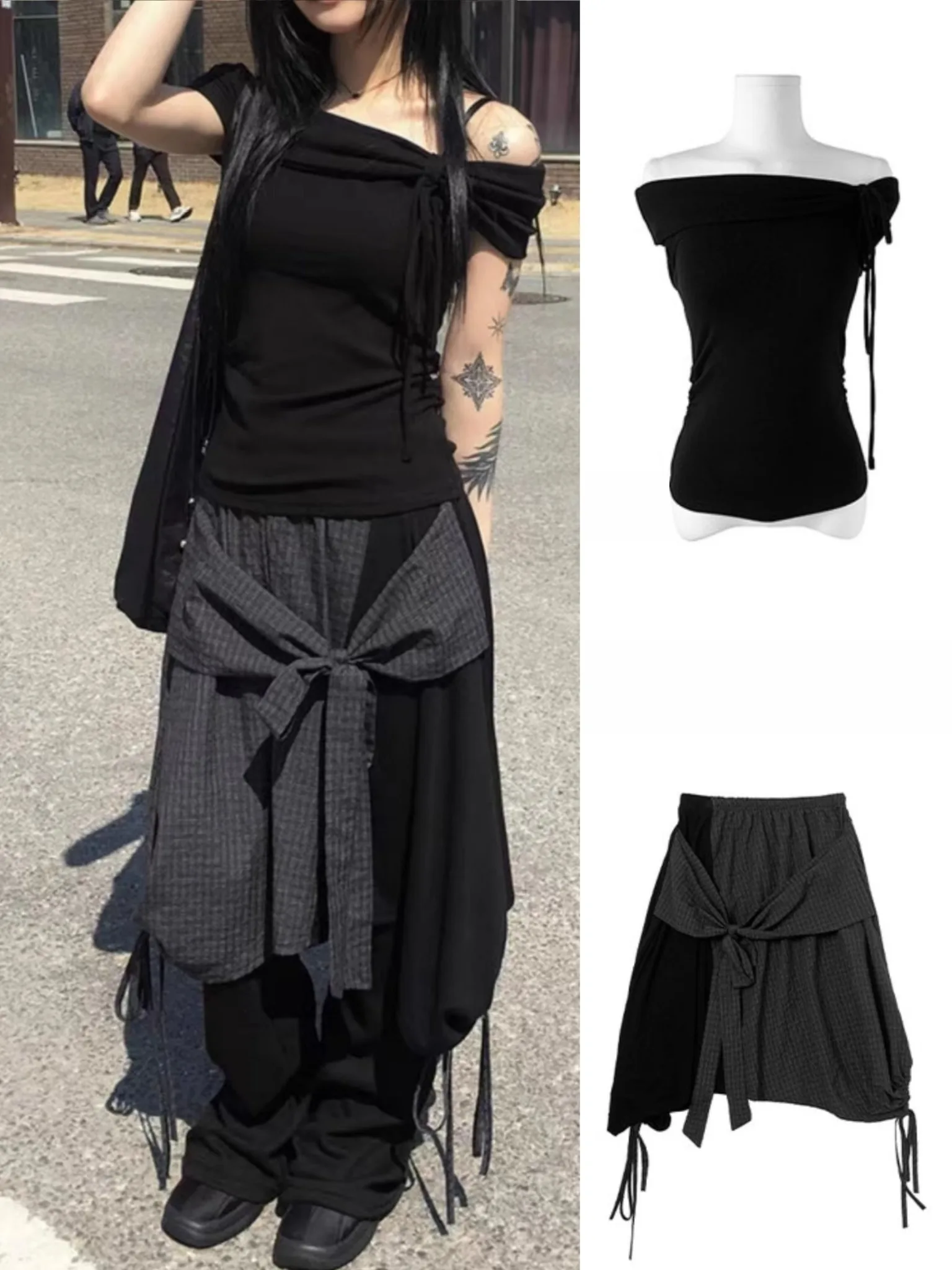 

Off-Shoulder Top + Tie-Waist Skirt Set Women Casual Two Piece Outfit Cute Spliced Lace-Up Sleeveless Blouse & Flared Mini Skirt