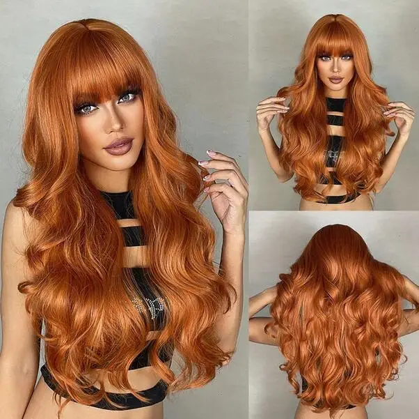 

Ginger Orange Synthetic Wigs for Black Women Long Wavy Wigs with Bangs Cosplay Colored Hair Heat Resistant Body Wave Party Wig