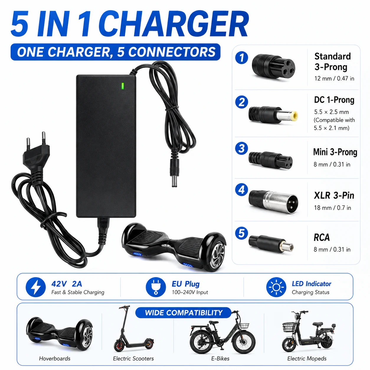 Image of 42V 2A Elektroroller-Ladegerät 5-in-1 Universaladapter DC 42V Stromversorgung für 36V Lithium-Batterie Hoverboard E-Bike Balance Bike XLR 5.5x2.5mm 8mm 9mm 12mm Stecker LED-Ladegerät