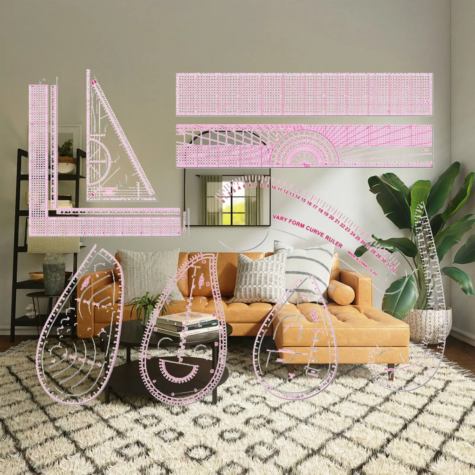 Clear PVC Sewing Pattern Ruler Set for Technical Drawing and Measuring with Pink Grid Lines for Dressmaking Tasks