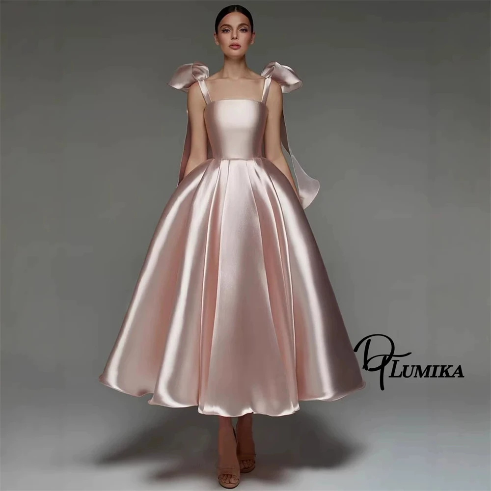 DTLumika Women's Glossy Party Dresses with Big Bow Shoulders A Line Long Cocktail Evening Dating Dresses Stage Performance Dress