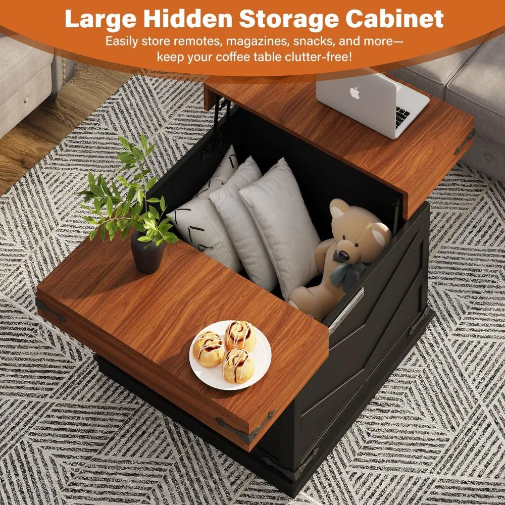 Table basse relevable de 31,5 pouces avec centre carré coulissant et grand rangement caché