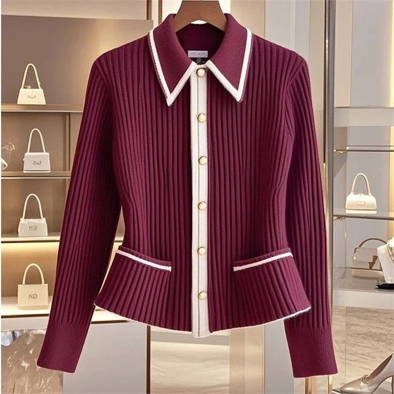 Autumn Winter High End Contrasting Wool Sweater Women Design Sense Wine Red Knit Cardigan Slim Polo Neck Soft Knitwear Chic 062H