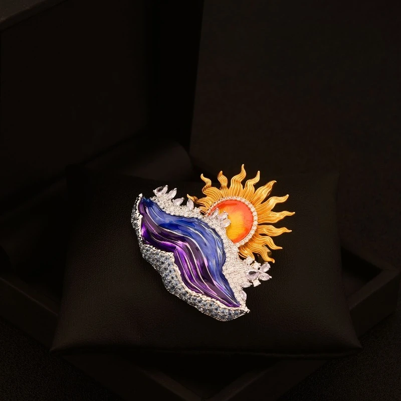 Unique Artistic Sunrise Brooch Sun Mountain Wave Enamel Pin Luxury Rhinestone Suit Blazer Accessories Fashion Jewelry for Women
