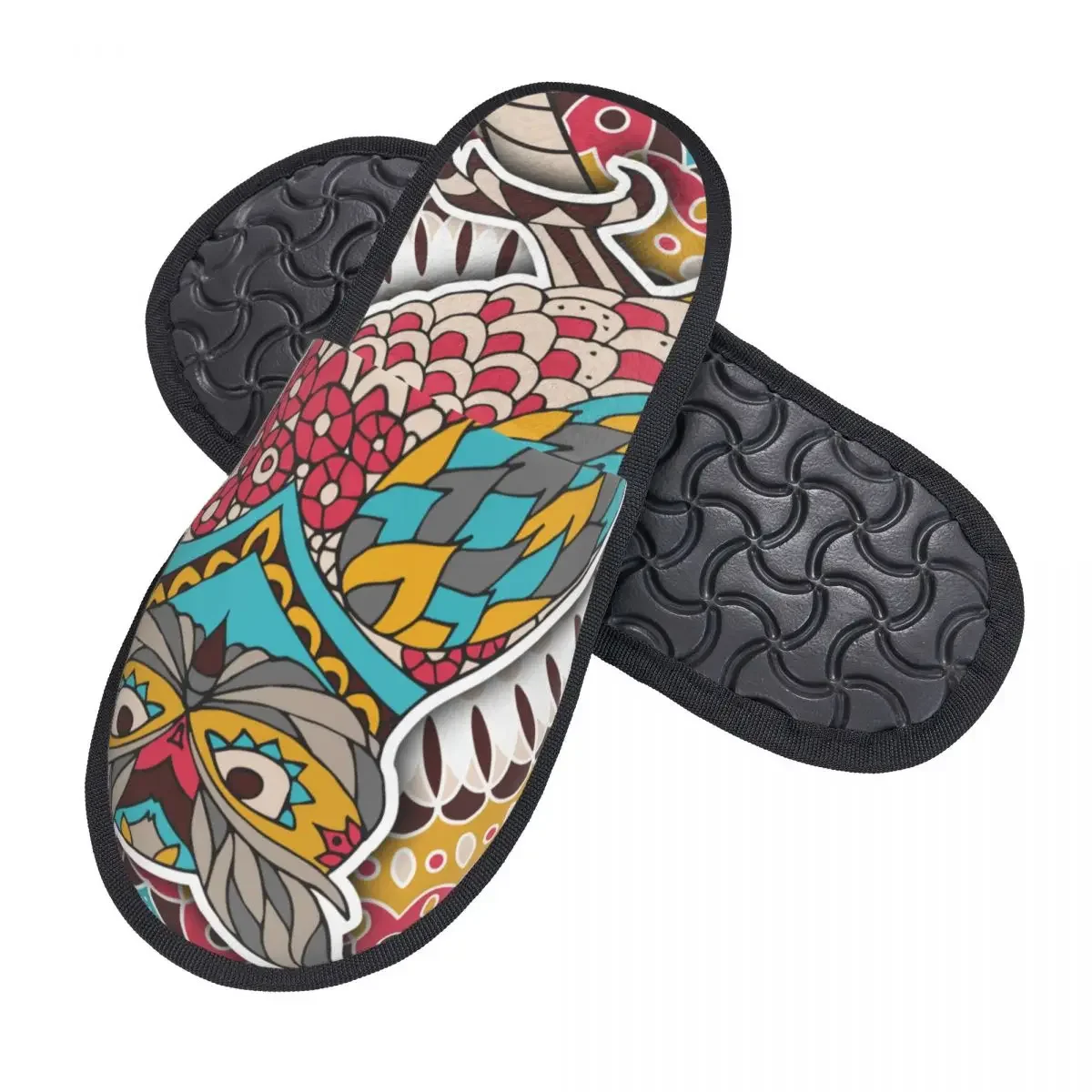 Oriental Colorful Mandala Owl Slipper For Women Men Fluffy Winter Warm Slippers Indoor 