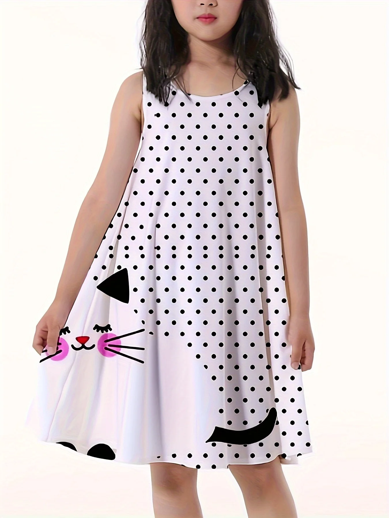 2024 Kids Little Girls Sleeveless Over Knee Dress Girls Dress 3D Vacation Style Polka Dots Cat Printed Daily Casual Cute Dress