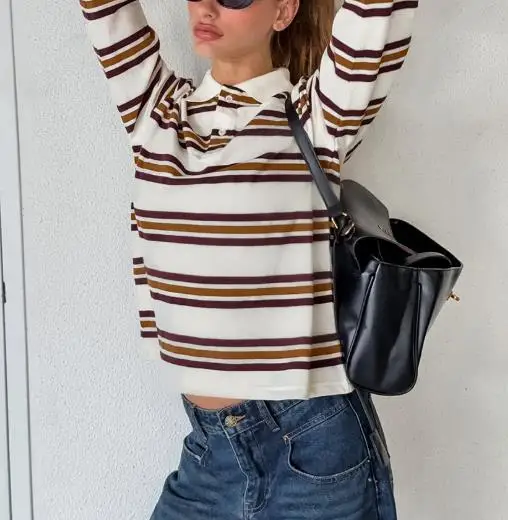 

Retro Contrasting Striped Knitted Sweater for Women In Autumn, Slim Fit, Casual and Versatile Long Sleeved T-Shirt