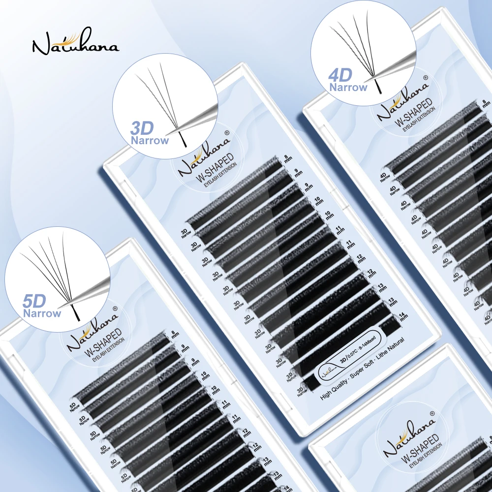 NATUHANA Schmale W-förmige 3D 4D 5D Wimpernverlängerungen aus Kunstnerz, Volumen-Wimpern mit schmaler Basis, russische DIY Cluster-Wimpern, Make-up-Tools