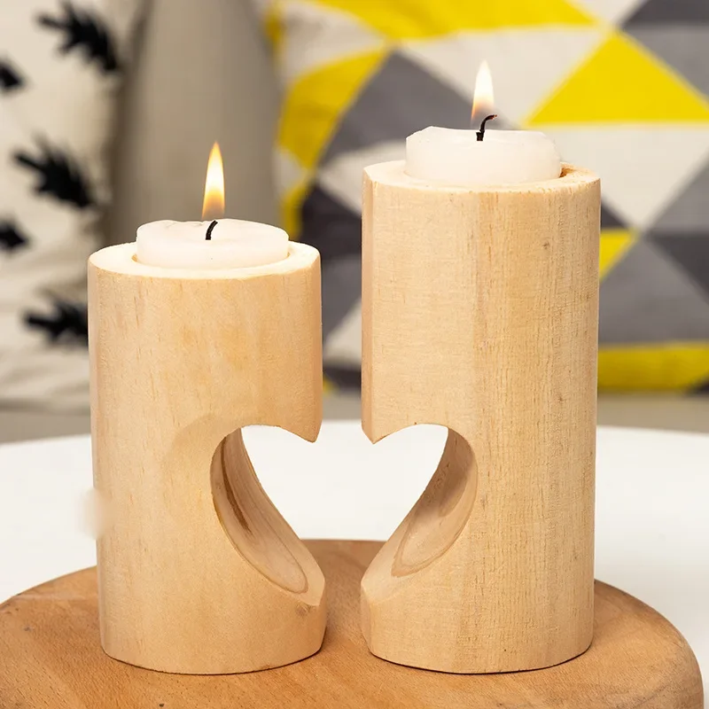 Natural Wooden Candle Holders Heart-Shaped Decorative Wood Candle Holder Wooden Hearts Wedding Tealight Candles Holder