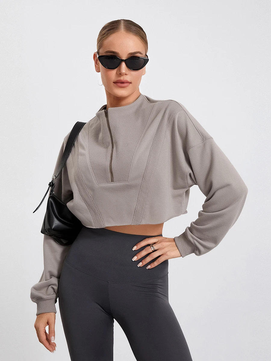 wsevypo Women Cropped Sweatshirts Autumn Sporty Loose Pullovers Casual Fall Solid Color Long Sleeve 2/3 Zipper Tops Streetwear